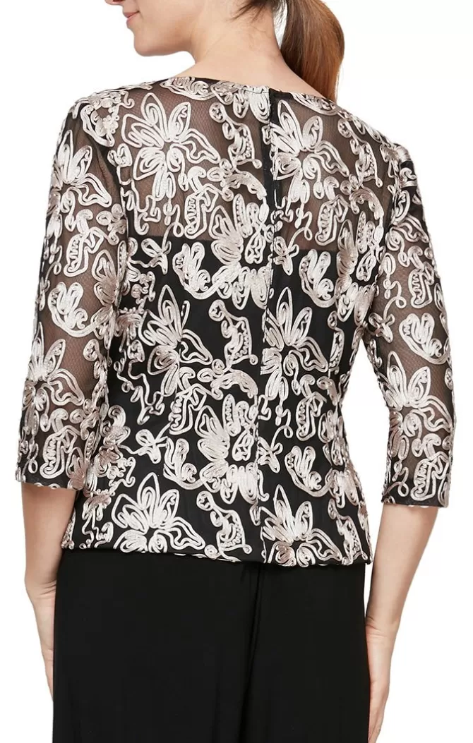 Women Alex Evenings All Regular*3/4 Sleeve Blouse With Embroidered Detail And Illusion Neckline