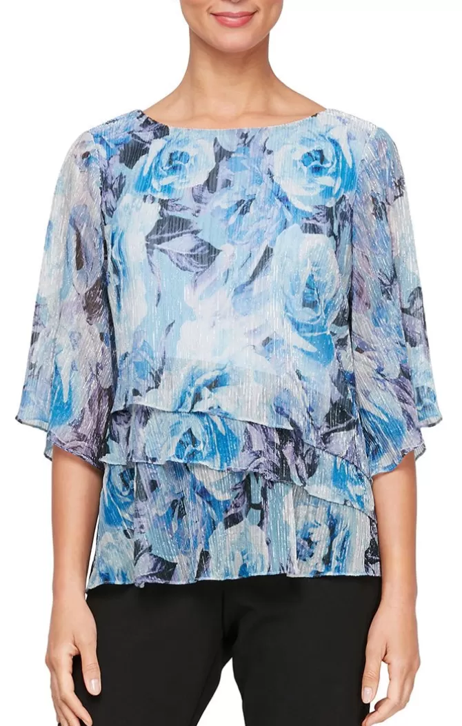 Women Alex Evenings Evening Separates*3/4 Sleeve Printed Blouse With Tiered Hem