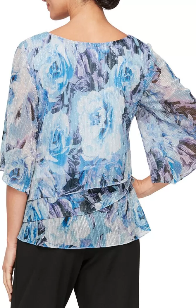 Women Alex Evenings Florals*3/4 Sleeve Printed Blouse With Tiered Hem