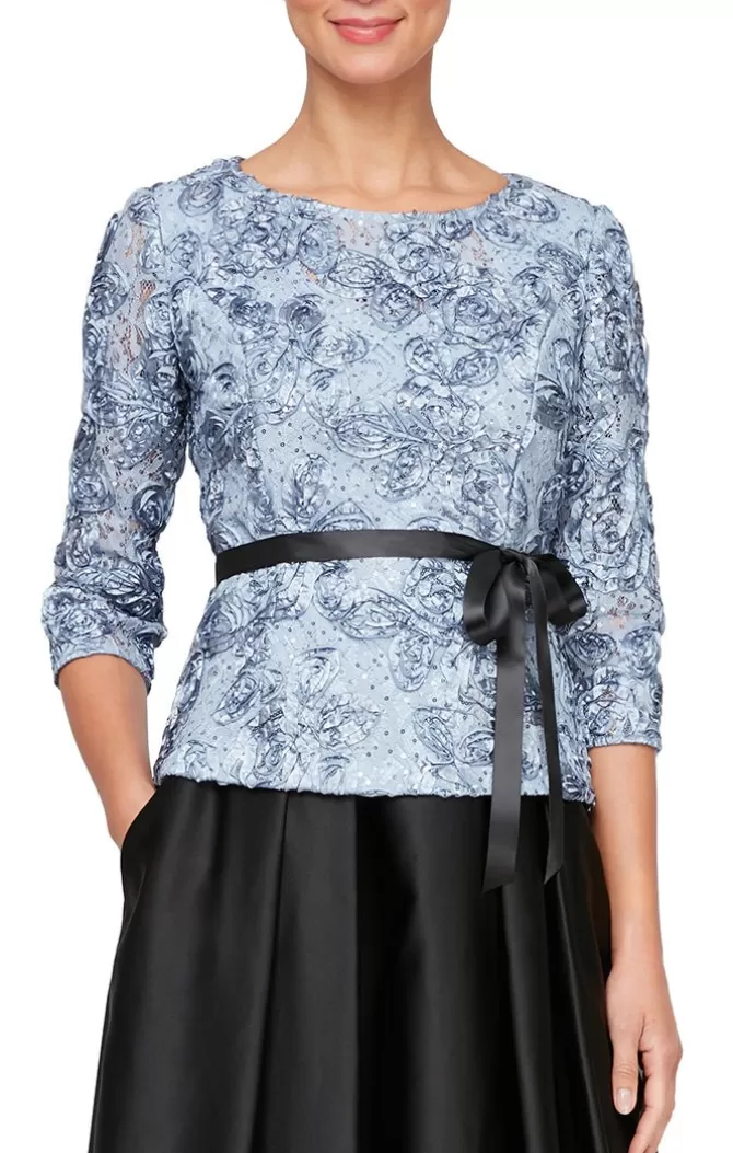 Women Alex Evenings Evening Separates*3/4 Sleeve Rosette Blouse With Illusion Neckline & Tie Belt