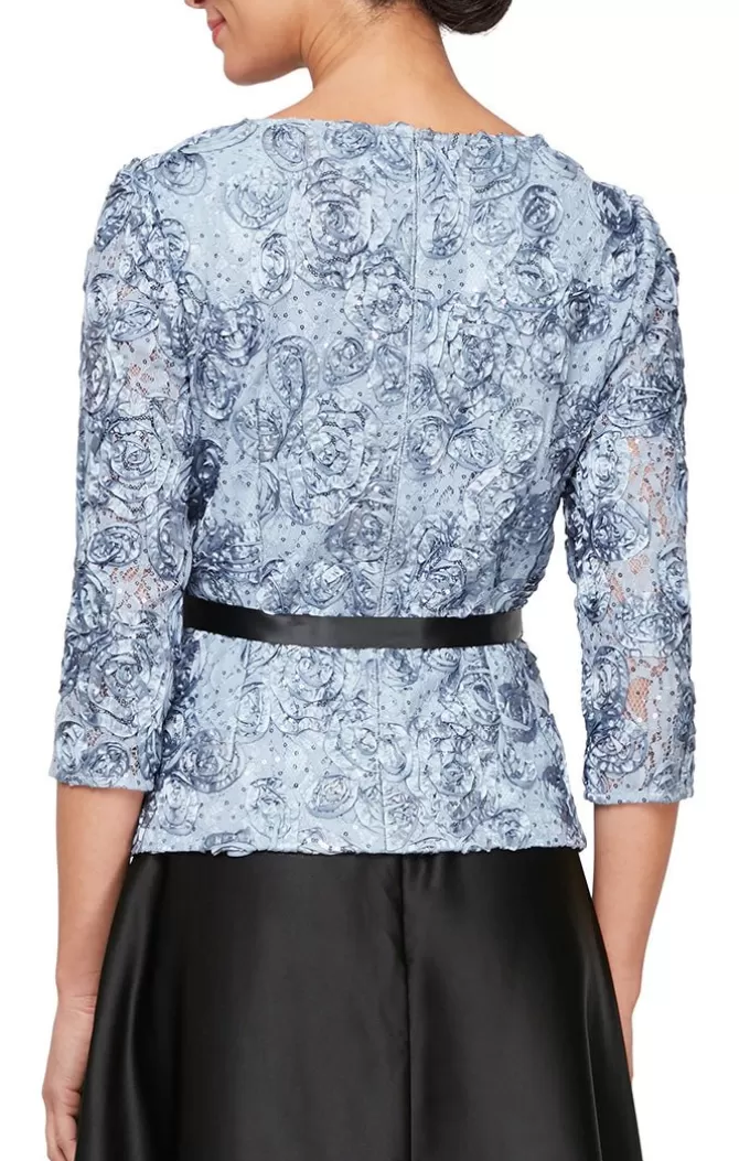 Women Alex Evenings Blouses*3/4 Sleeve Rosette Blouse With Illusion Neckline & Tie Belt