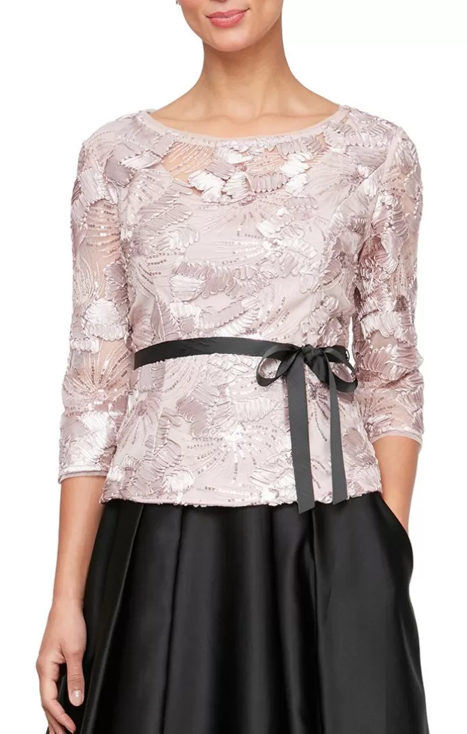 Women Alex Evenings Blouses*3/4 Sleeve Soutache Blouse With Illusion Neckline & Tie Belt