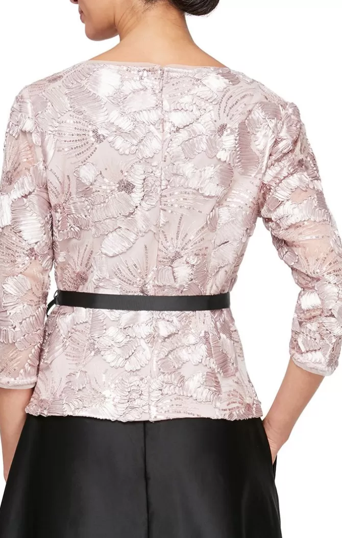 Women Alex Evenings Blouses*3/4 Sleeve Soutache Blouse With Illusion Neckline & Tie Belt