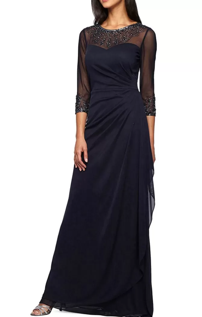 Women Alex Evenings Long*A-Line Mesh Gown With Beaded Illusion Sweetheart Neckline