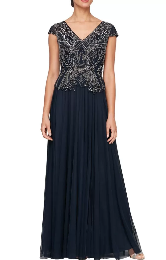 Women Alex Evenings All Regular*A-Line V-Neck Dress With Beaded Bodice & Cap Sleeves