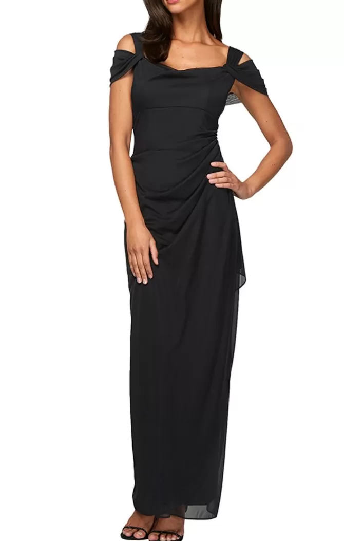 Women Alex Evenings Black*Cold Shoulder Mesh Gown With Cowl Neckline & Overlay Skirt