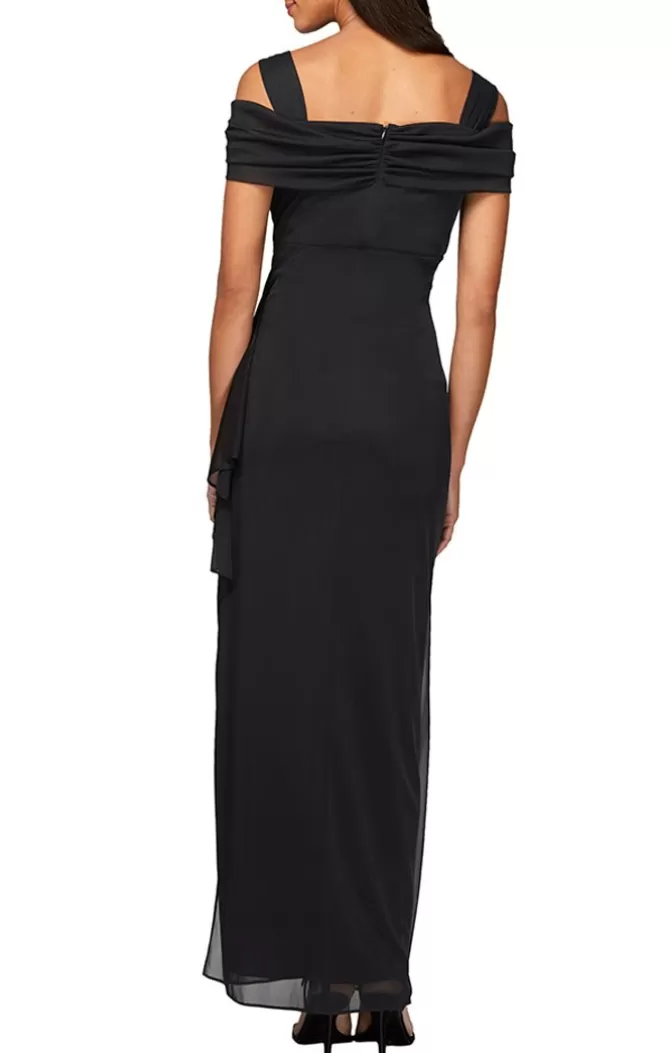 Women Alex Evenings All Regular*Cold Shoulder Mesh Gown With Cowl Neckline & Overlay Skirt