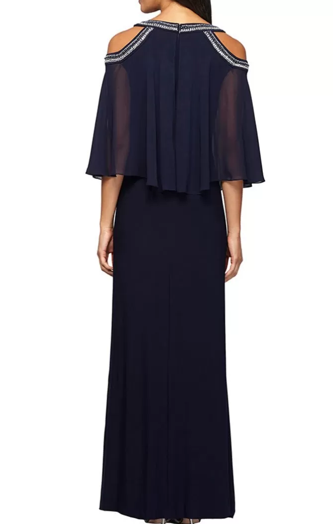 Women Alex Evenings Long Dresses*Cold Shoulder Popover Jersey & Chiffon Gown With Beaded Neckline