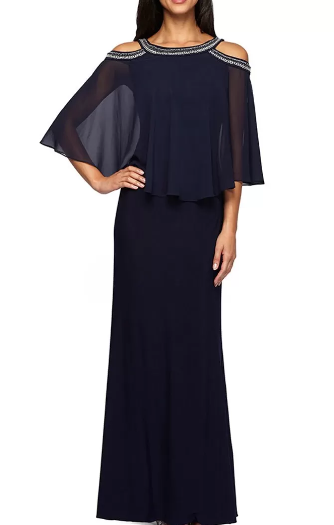 Women Alex Evenings Long Dresses*Cold Shoulder Popover Jersey & Chiffon Gown With Beaded Neckline