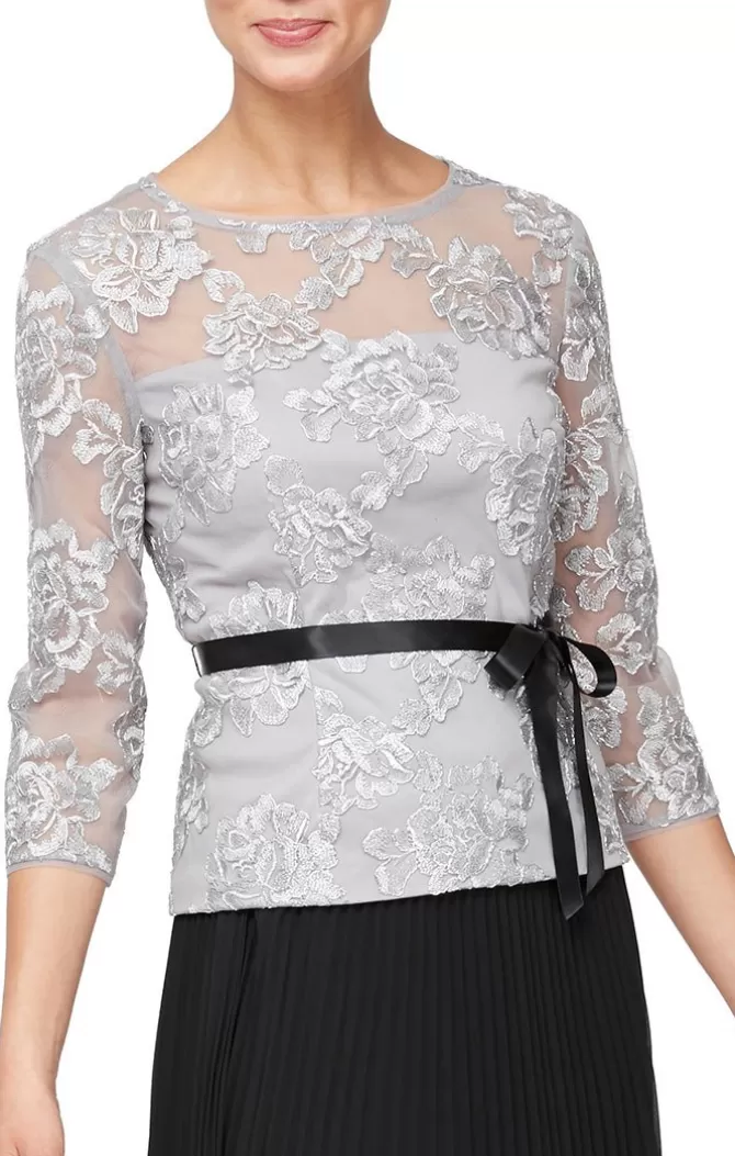 Women Alex Evenings Evening Separates*Embroidered Blouse With Illusion Neckline & Tie Belt