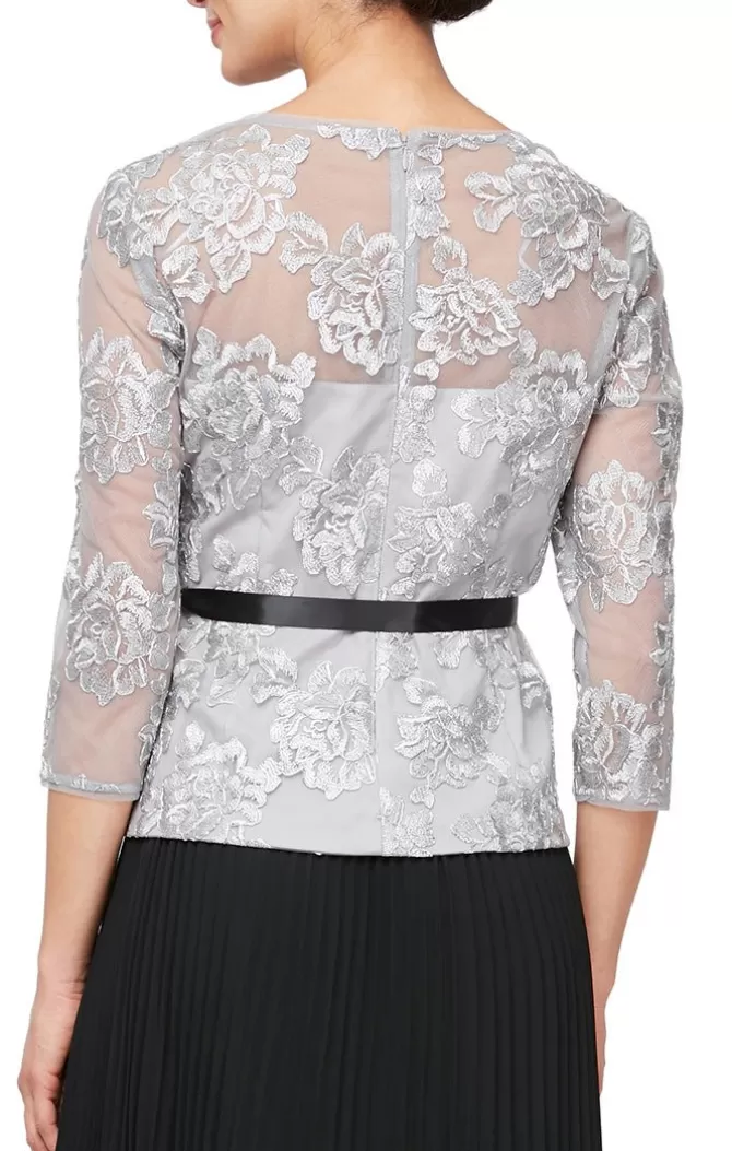 Women Alex Evenings Evening Separates*Embroidered Blouse With Illusion Neckline & Tie Belt