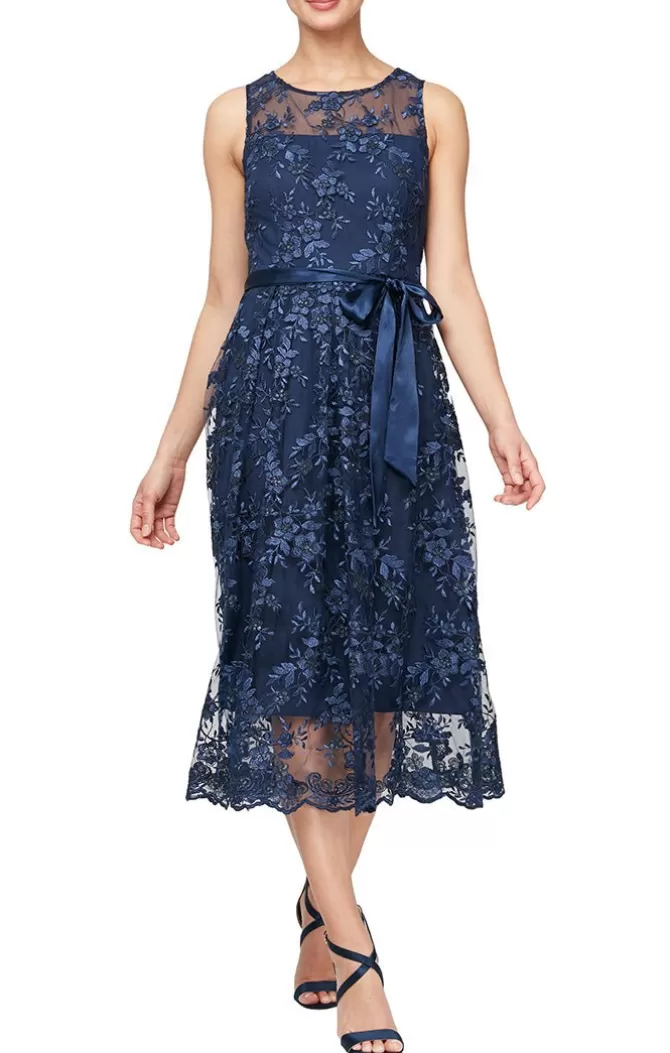 Women Alex Evenings Spring Collection*Embroidered Sleeveless Dress With Illusion Neckline & Tie Belt