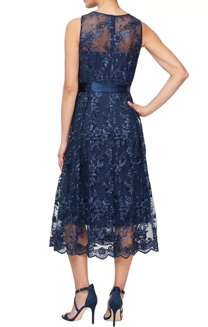 Women Alex Evenings Tea-Length Dresses*Embroidered Sleeveless Dress With Illusion Neckline & Tie Belt