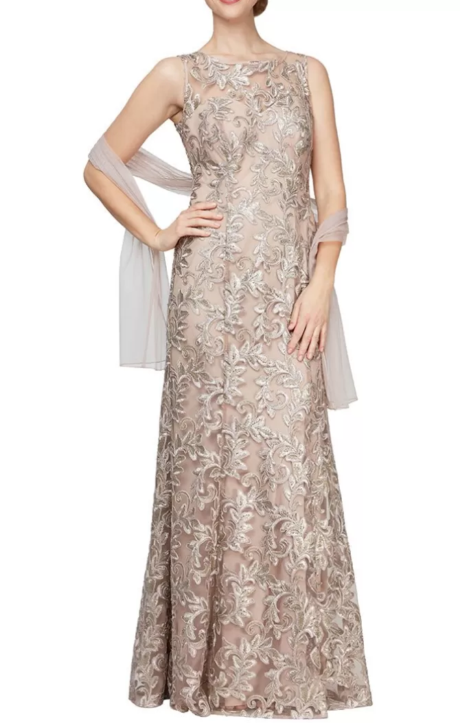 Women Alex Evenings All Regular*Embroidered Tulle Gown With Sweetheart Illusion Neckline & Matching Shawl