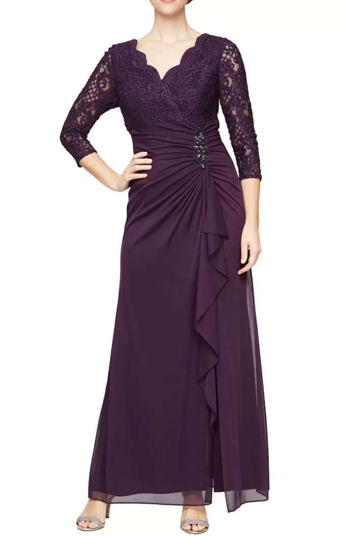 Women Alex Evenings Eggplant*Empire Waist Lace & Mesh Dress With Surplice Neckline