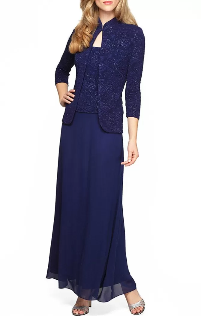 Women Alex Evenings Blue*Glitter Jacquard Knit Jacket Dress With Mandarin Neckline