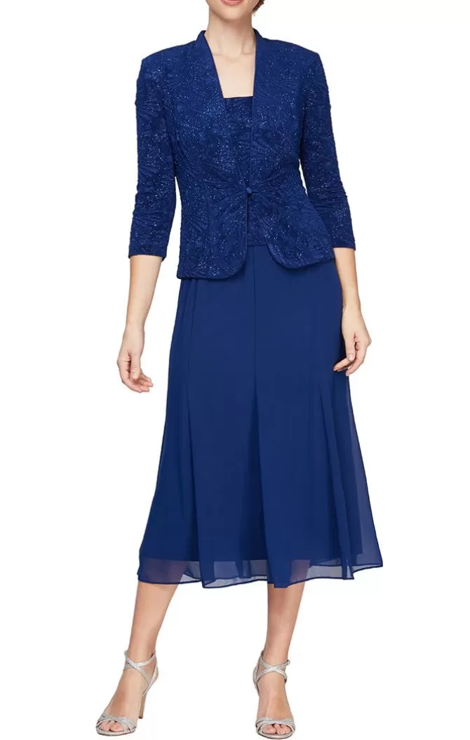 Women Alex Evenings Tea-Length*Glitter Jacquard Knit Jacket Dress With Tea-Length Mesh Skirt