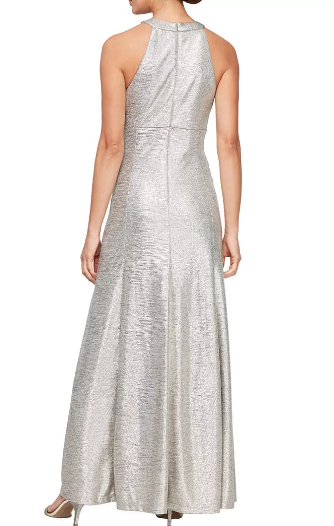 Women Alex Evenings Spring Collection*Halter Neck Metallic Knit Dress With Ruched Waist Detail