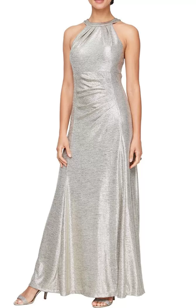 Women Alex Evenings Long*Halter Neck Metallic Knit Dress With Ruched Waist Detail