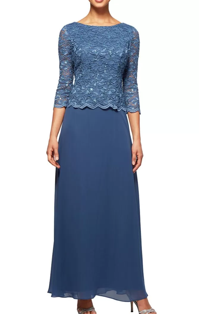 Women Alex Evenings 3/4 And Long Sleeve Dresses*Lace & Chiffon Gown With Scallop Edge Detail