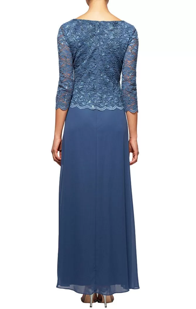 Women Alex Evenings Blue*Lace & Chiffon Gown With Scallop Edge Detail