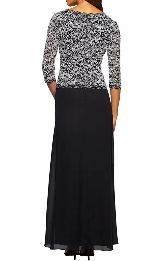 Women Alex Evenings 3/4 & Long Sleeve Dresses*Lace & Chiffon Gown With Scalloped Hem Detail