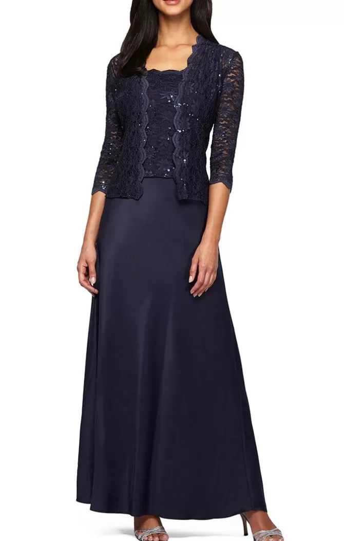 Women Alex Evenings All Regular*Lace & Satin Gown With 3/4 Sleeve Scalloped Lace Jacket