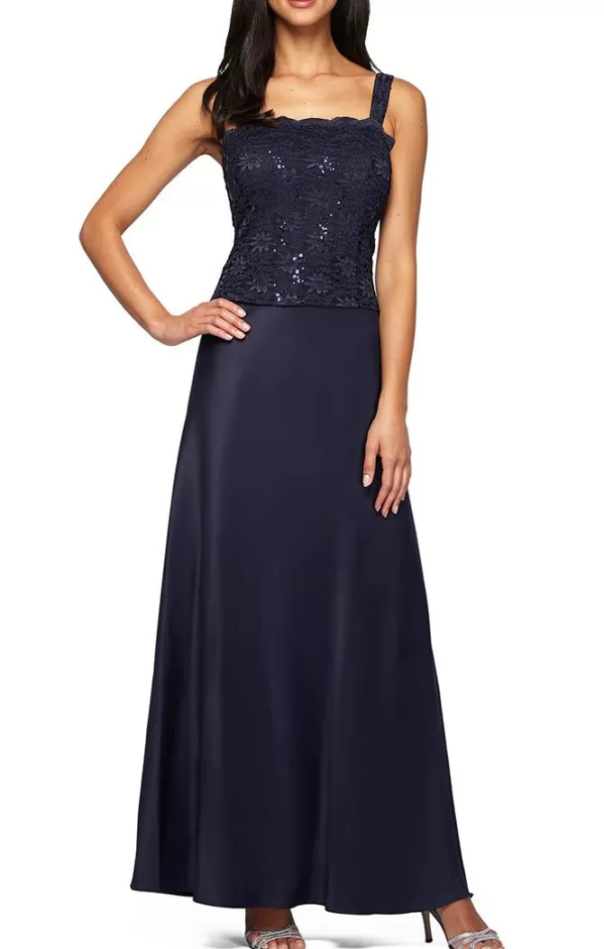 Women Alex Evenings Navy*Lace & Satin Gown With 3/4 Sleeve Scalloped Lace Jacket