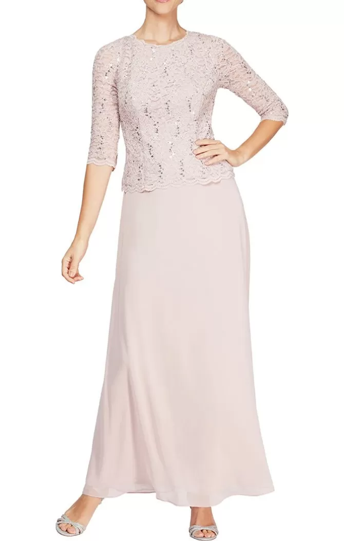 Women Alex Evenings Blue*Long Gown With Sequin Lace Bodice & Chiffon Skirt