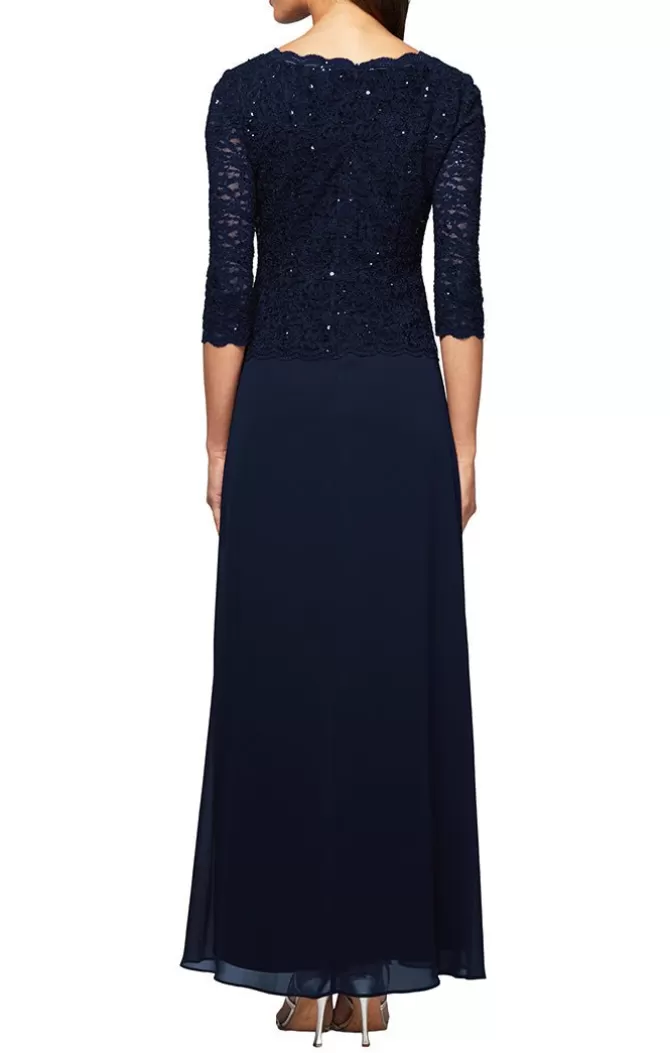 Women Alex Evenings Navy*Long Gown With Sequin Lace Bodice & Chiffon Skirt