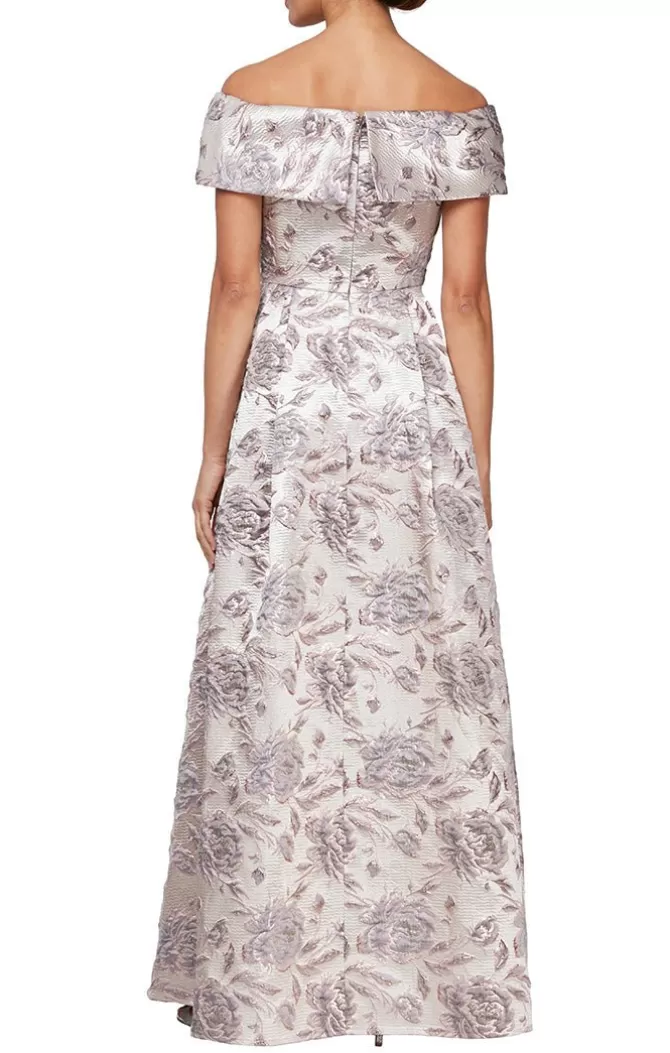 Women Alex Evenings Mother-Of-The-Bride*Long Printed Off-The-Shoulder Metallic Brocade Ballgown With Pockets