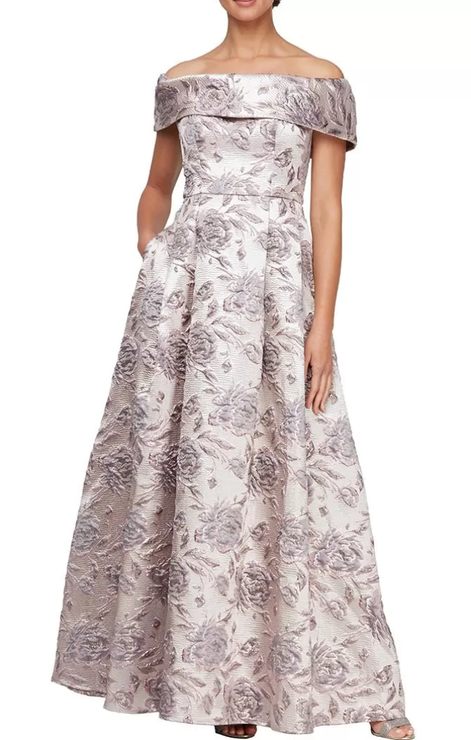 Women Alex Evenings All Regular*Long Printed Off-The-Shoulder Metallic Brocade Ballgown With Pockets