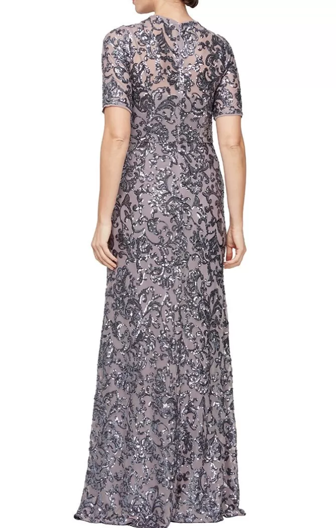 Women Alex Evenings Mother-Of-The-Bride*Long Sequin V-Neck Dress With Short Sleeves