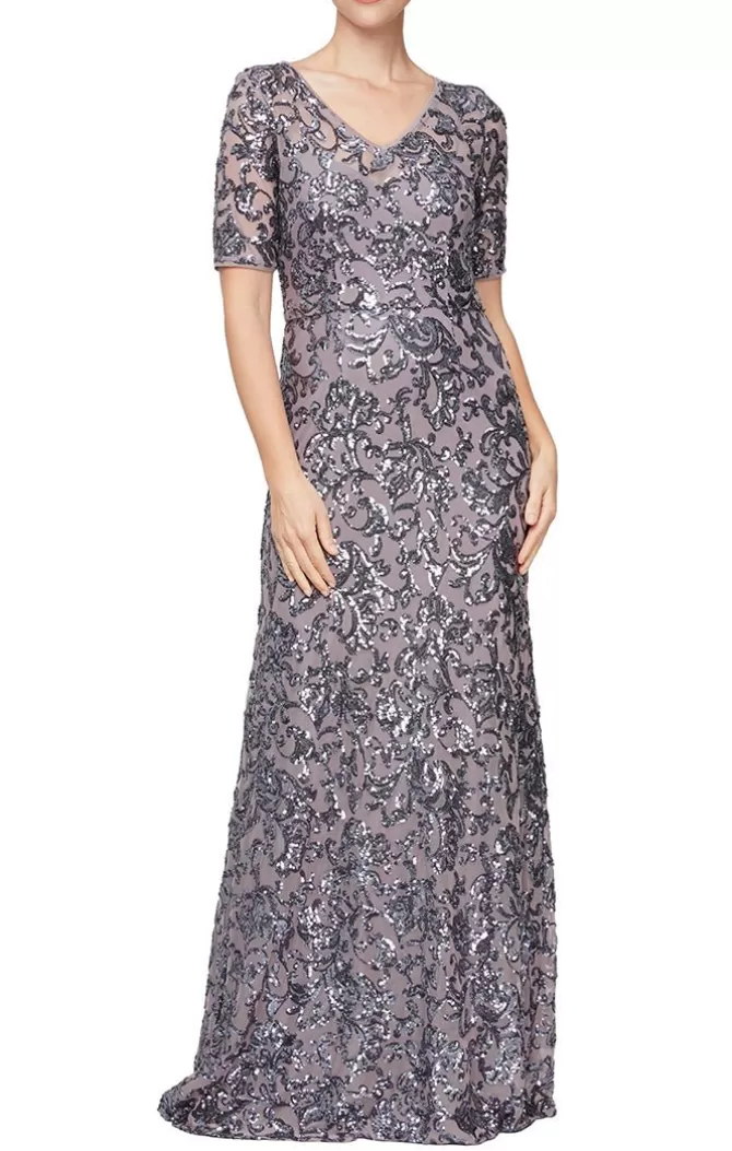 Women Alex Evenings Mother-Of-The-Bride*Long Sequin V-Neck Dress With Short Sleeves