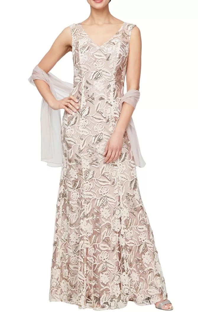 Women Alex Evenings All Regular*Long Sleeveless Embroidered Dress With V-Neckline, Sequin Detail & Shawl