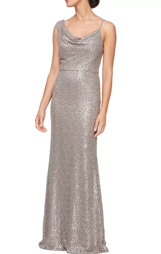 Women Alex Evenings All Regular*Long Sleeveless Sequin Gown With Cowl Neckline & Spaghetti Straps