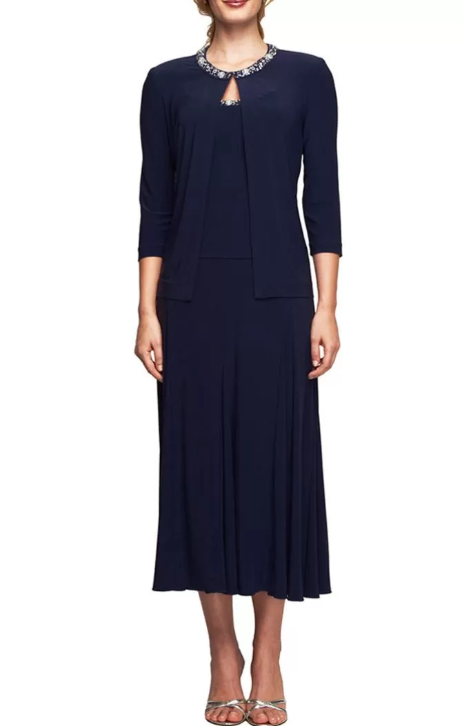 Women Alex Evenings 3/4 And Long Sleeve Dresses*Matte Jersey Jacket Dress With Sequin Beaded Trim