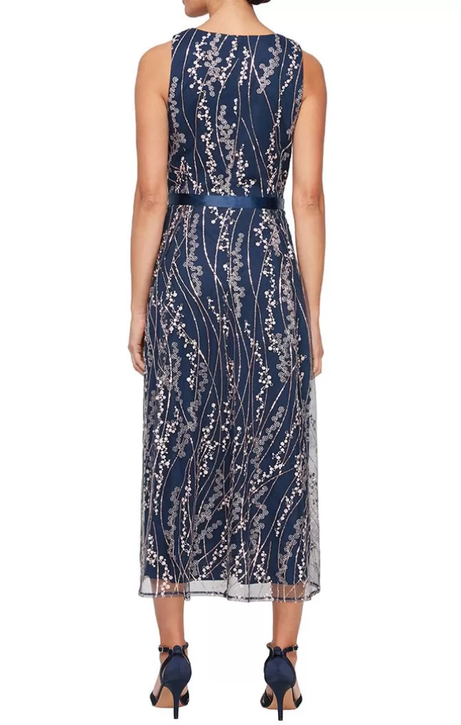 Women Alex Evenings Spring Collection*Midi Length Embroidered Sleeveless Dress With Tie Belt