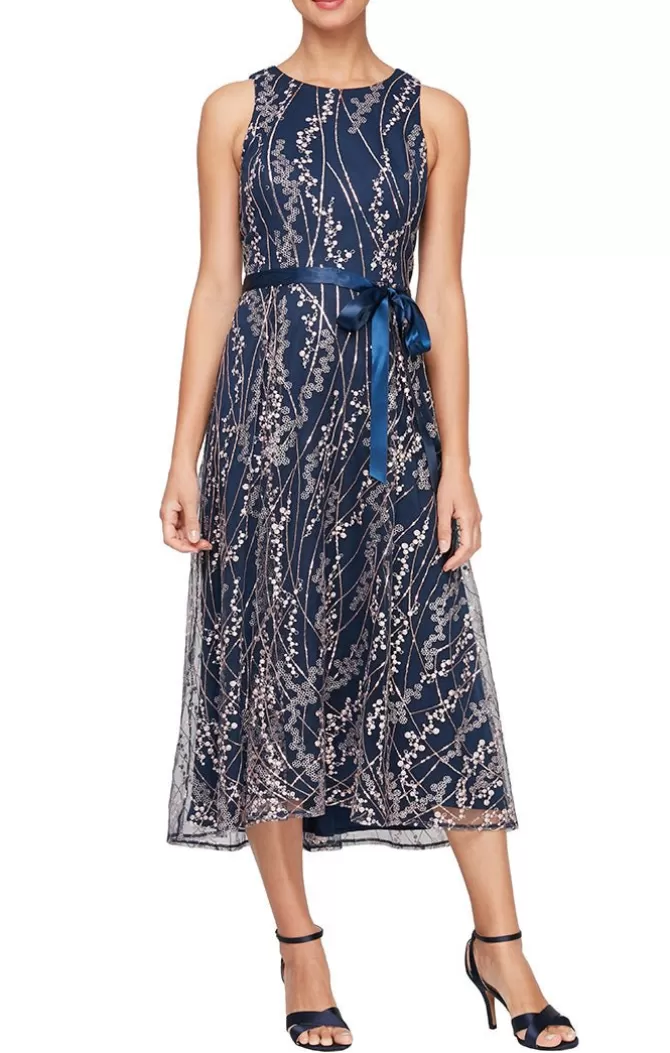 Women Alex Evenings All Regular*Midi Length Embroidered Sleeveless Dress With Tie Belt