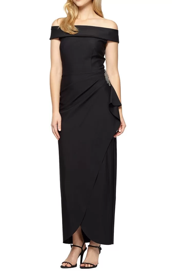 Women Alex Evenings Off-The-Shoulder Dresses*Off-The-Shoulder Compression Dress With Cascade Ruffle Skirt & Embellishment