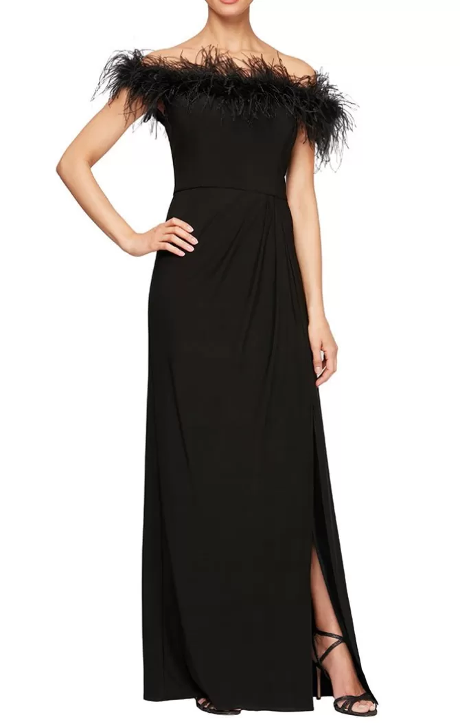 Women Alex Evenings Long*Off-The-Shoulder Matte Jersey Gown With Maribou Neckline