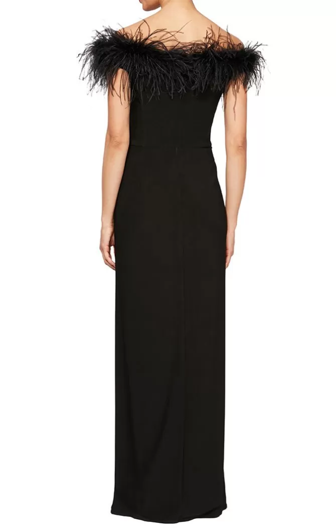 Women Alex Evenings Black*Off-The-Shoulder Matte Jersey Gown With Maribou Neckline