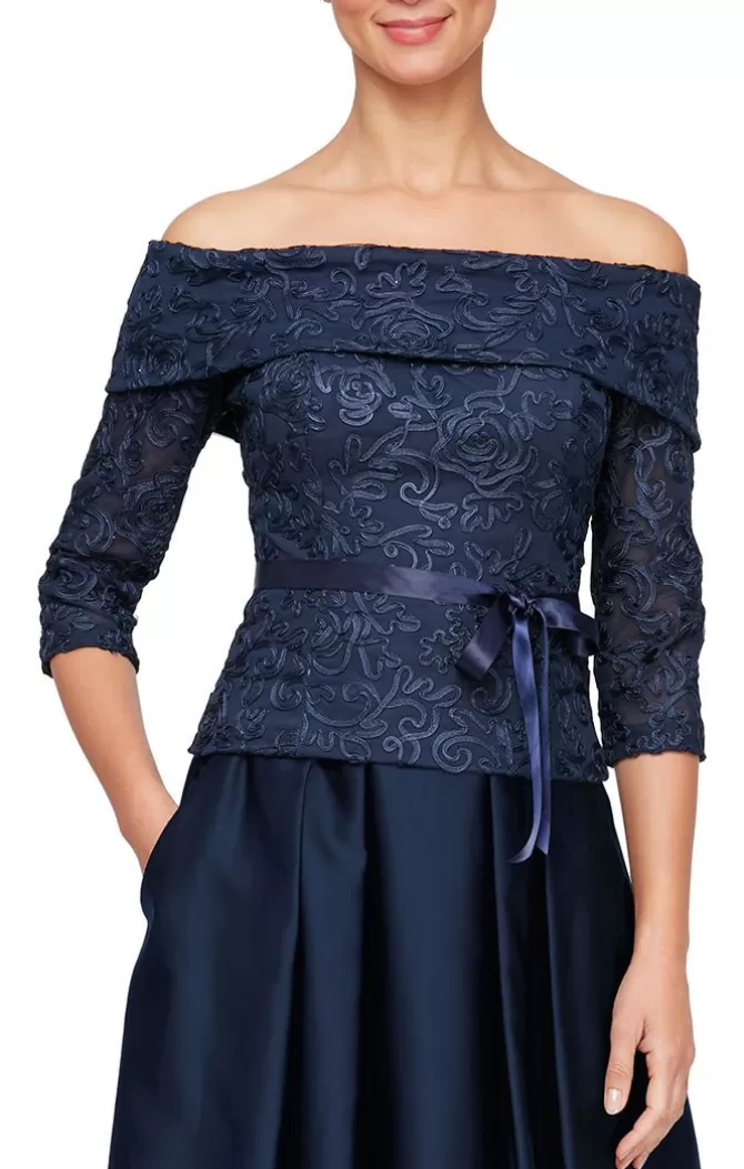 Women Alex Evenings Mother-Of-The-Bride*Off-The-Shoulder Soutache Blouse With Tie Belt And Illusion Sleeves