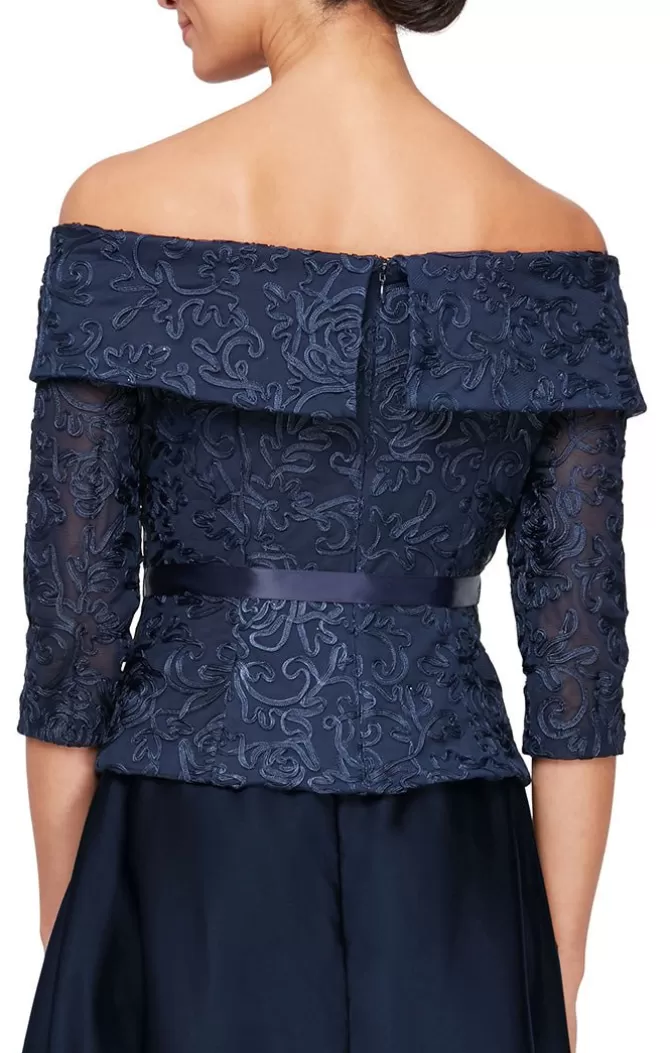 Women Alex Evenings Navy*Off-The-Shoulder Soutache Blouse With Tie Belt And Illusion Sleeves