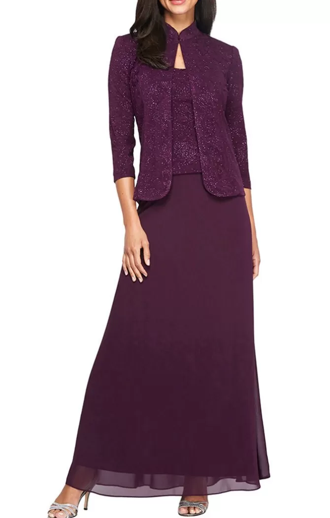 Women Alex Evenings Petite Sizes*Petite Glitter Jacquard Knit Jacket Dress With Mandarin Neckline