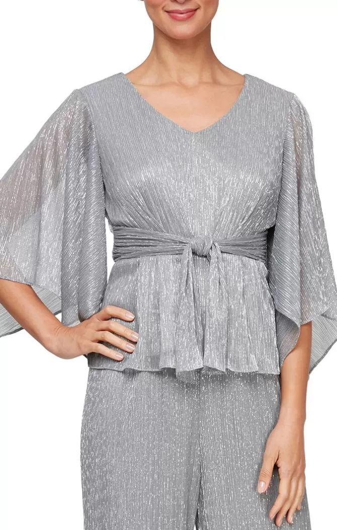 Women Alex Evenings Petite Sizes*Petite Metallic Knit Blouse With Tie Waist Detail