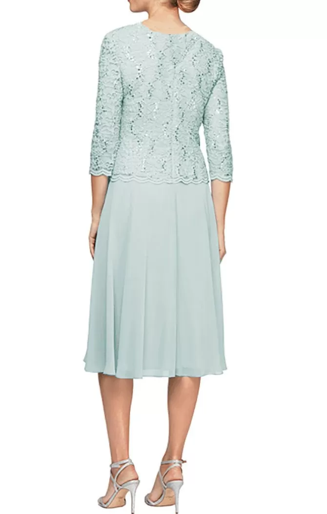 Women Alex Evenings Petite Sizes*Petite Tea-Length Dress With Sequin Lace Bodice & Chiffon Skirt