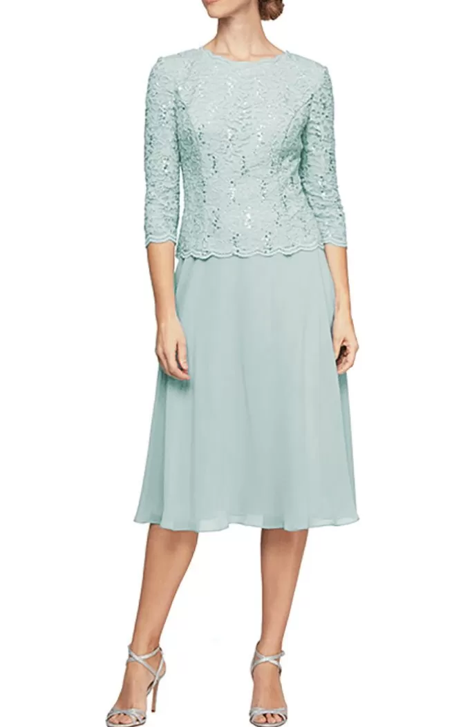 Women Alex Evenings All Petite*Petite Tea-Length Dress With Sequin Lace Bodice & Chiffon Skirt