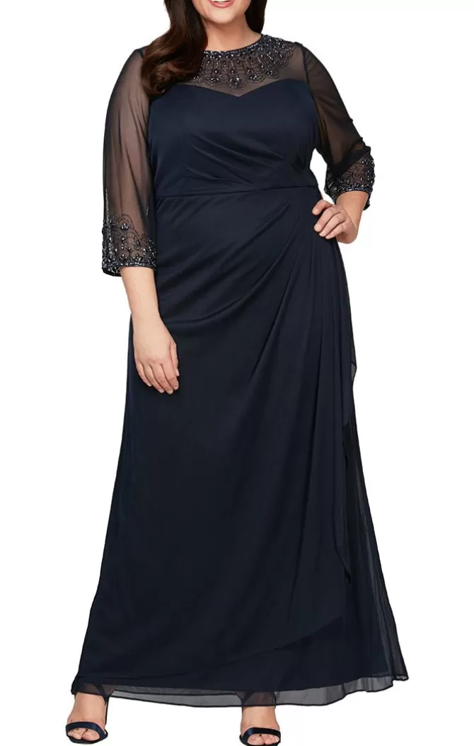 Women Alex Evenings All Plus*Plus A-Line Mesh Gown With Beaded Illusion Sweetheart Neckline