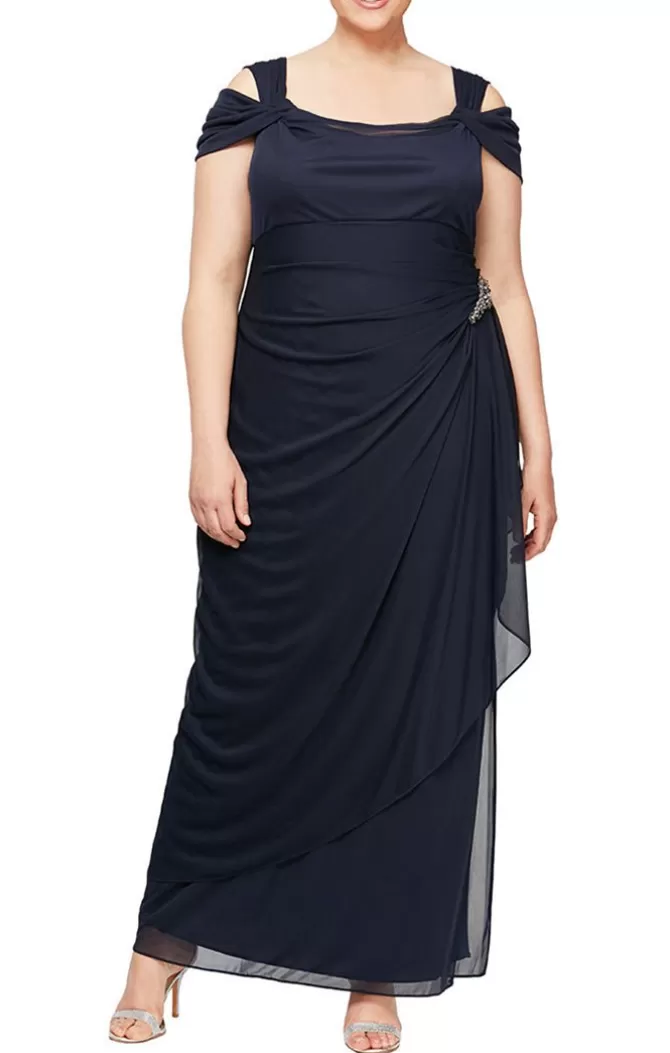 Women Alex Evenings Plus Sizes*Plus Cold Shoulder Mesh Dress With Cowl Neckline